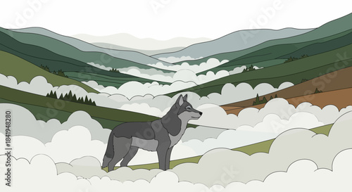 Majestic gray wolf standing in a serene natural setting.