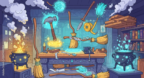 Magical workshop with enchanted brooms and tools floating in a mystical blue glow.