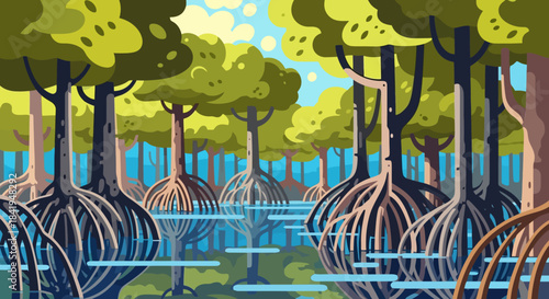 Mangrove trees with their distinctive root systems growing in water.