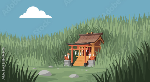 Traditional Japanese Shrine Hidden Among Tall Green Grass.