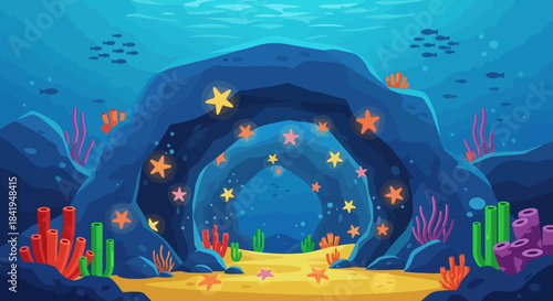 Underwater cave with glowing starfish and coral reef.