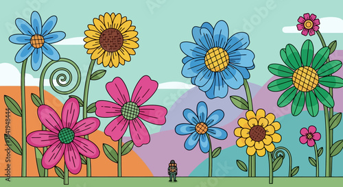 Vibrant and diverse garden of oversized flowers in full bloom.