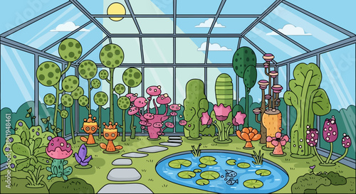 Vibrant and whimsical greenhouse filled with an array of unique and colorful plants, creating a fantastical garden scene.