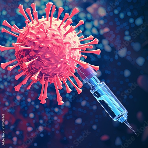 Image of Vaccine Injection into Coronavirus Particle Illustrating Medical Breakthrough