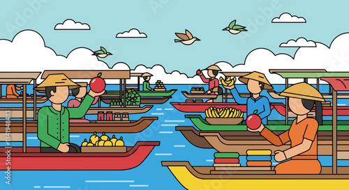 Vibrant floating market scene with vendors selling fresh produce from traditional boats.