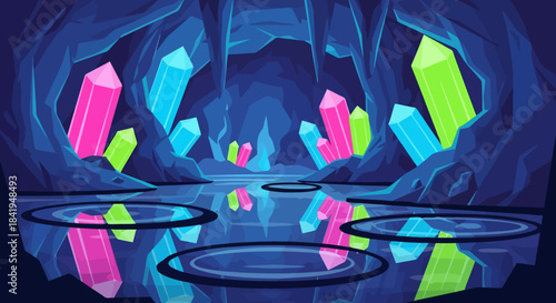 Vibrant glowing crystals reflecting in water in a mysterious cave.