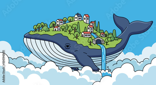 Whale carrying a vibrant green island village on its back.