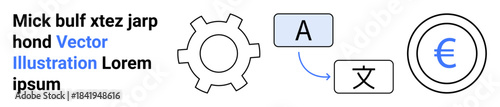 Gear, translation icons with letters, and currency symbol linked visually. Ideal for language tools, globalization, localization, business, AI, fintech simple landing page