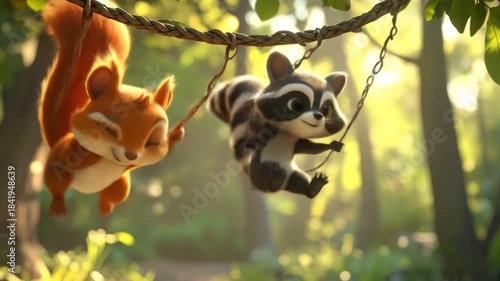 Animated squirrel and raccoon swinging