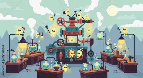 Whimsical Cartoon Laboratory with Animated Light Bulb Characters and Intricate Machinery.