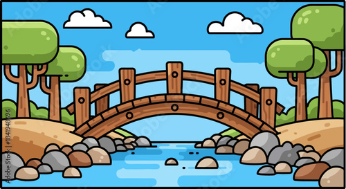 Wooden Bridge Arching Over a Flowing River.