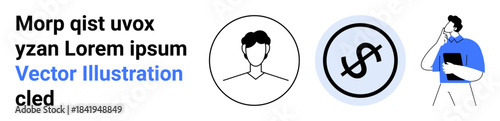 Business management, financial planning, decision-making, teamwork, economics, corporate strategy. A profile icon, dollar currency symbol and a figure contemplating. Business management