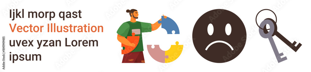 Fototapeta premium Problem-solving, emotional expression, security, keys, teamwork, puzzles. A person holding puzzle pieces, a sad face icon and a pair of keys. Problem-solving and security concepts visually