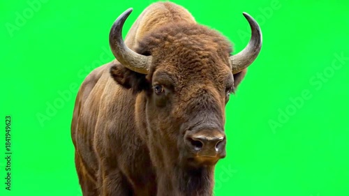 American Bison Buffalo Front Portrait on Green Screen Chroma Key Background