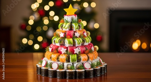 Creative sushi Christmas tree arranged with colorful rolls