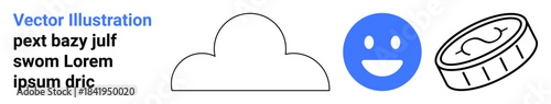 Data , financial transactions, emotions, weather, communication, graphic design. Cloud shape, blue happy face and outlined coin with a currency sign. Weather and financial transactions concepts