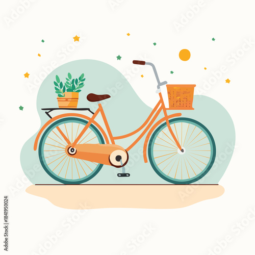 Orange Bicycle with Basket and Plant Illustration.