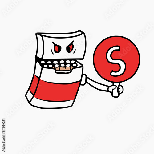 vector design of the character of a pack of cigarettes holding a stop sign. poster design