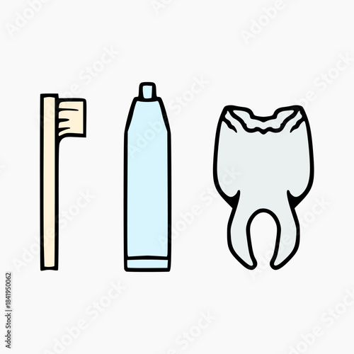 vector design of toothpaste, toothbrush and teeth on white background