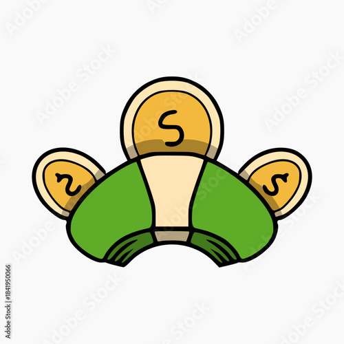 vector design of 3 gold coins and a stack of banknotes front view. cartoon symbol design