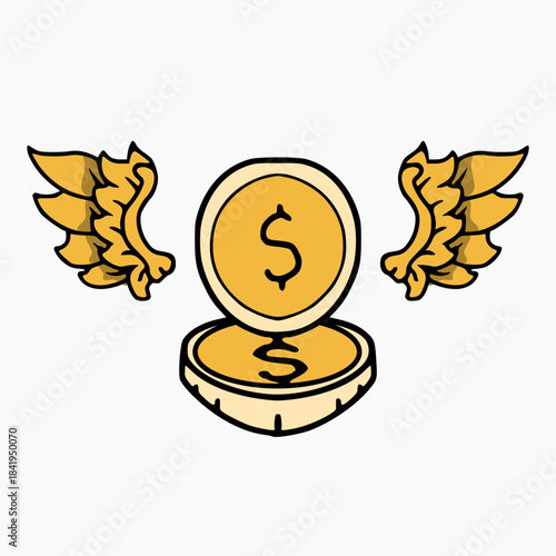 vector design of 2 gold coins with a pair of wings front view. cartoon symbol design