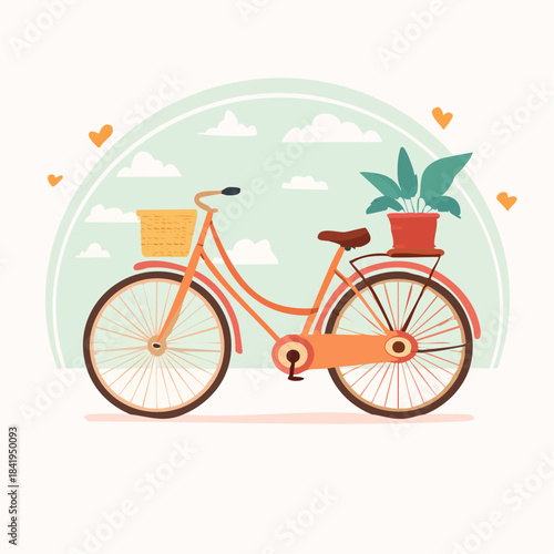 Orange Bicycle with Plant in Pot and Basket.
