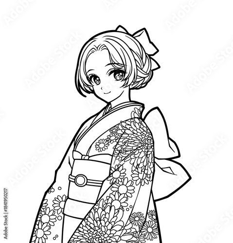 Anime-style coloring illustration of a girl wearing a kimono