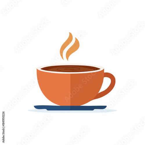 Orange Coffee Cup with Steam and Saucer.