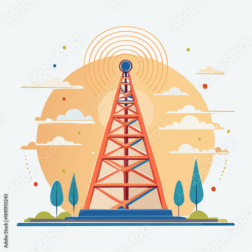 Orange Communication Tower with Antenna and Signal Radiations.