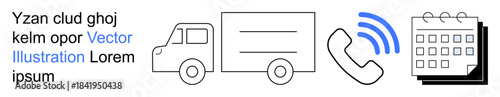 Logistics, scheduling, communication systems, delivery tracking, transportation, business planning. A truck, a phone with signal waves and a calendar. Logistics and scheduling concept