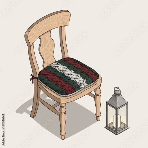Cozy rustic wooden chair with colorful knitted cushion and lantern for warm home decor