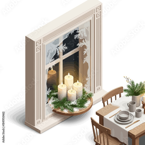 Cozy winter scene with candles and holiday decorations on a windowsill overlooking a snowy night