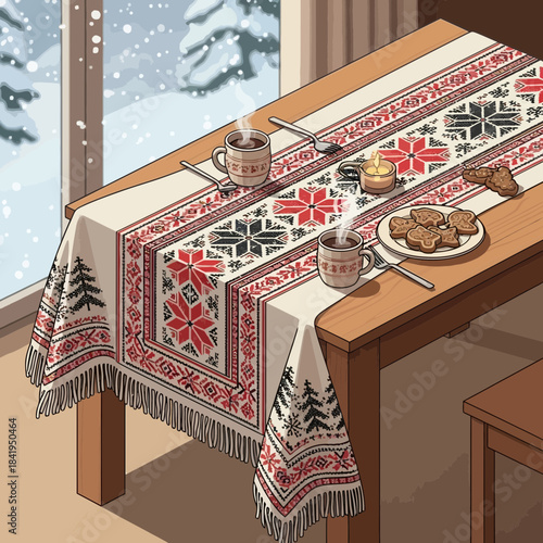 Cozy winter indoor scene with hot beverages and festive decorations on a wooden table near a snowy