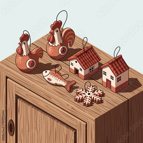 Cute Christmas themed wooden decorations including chickens houses fish and snowflake on a rustic
