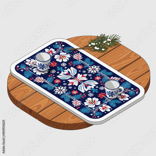 Festive winter tea tray with floral and butterfly patterns on a wooden table backdrop