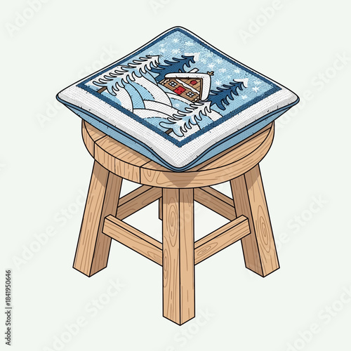 illustration of a stylized framed picture of a ship on a waves scene placed on a wooden stool