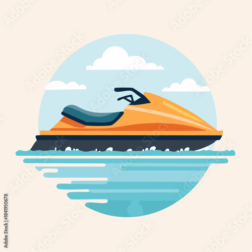 Orange Jet Ski Floating on Water with Clouds.