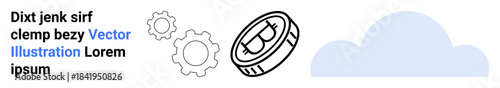 Cryptocurrency, blockchain, digital finance, technology, cloud computing, innovation. Bitcoin coin alongside gear icons and a cloud shape. Cryptocurrency and blockchain concept
