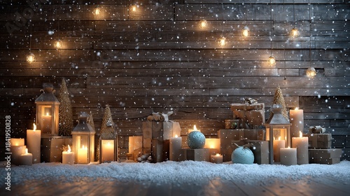 Fototapeta Naklejka Na Ścianę i Meble -  Cozy Christmas scene with wooden wall, candles, lanterns and snow falling, warm rustic winter holiday background for greeting cards and seasonal promotions