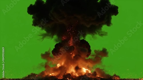 Massive Fiery Explosion with Thick Black Smoke on Green Screen.