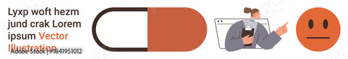 Medicine, healthcare communication, emotional health, pharmaceutical concepts, medical decisions, technology. Pill, person gesturing at webpage neutral face. Medicine and healthcare communication
