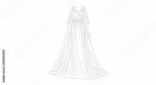 Ethereal gown design sketch showcasing flowing fabric and elegant v neckline silhouette