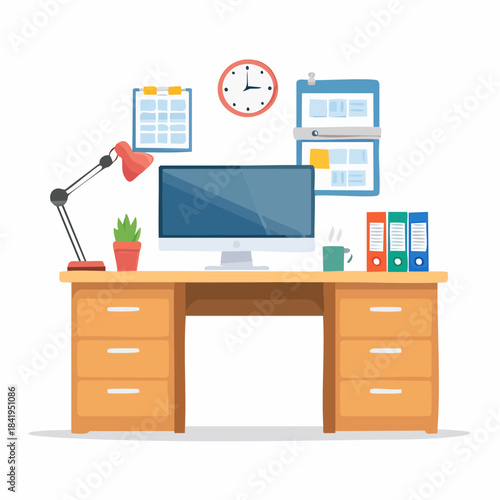 Organized Desk with Computer Lamp and Calendars in a Flat Vector Style.