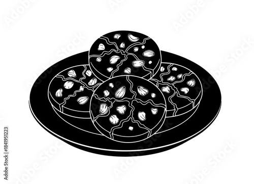 Rendered in high-contrast inverted line art, four round cookies with crinkled surfaces and chunky toppings sit clustered on a plate, drawn in bright white against a solid black backdrop