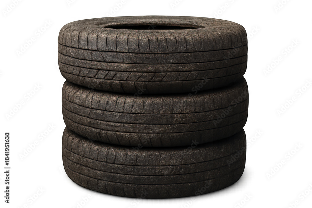 Obraz premium Stack of old tires with worn treads, representing recycling, automotive disposal, and vehicle maintenance needs