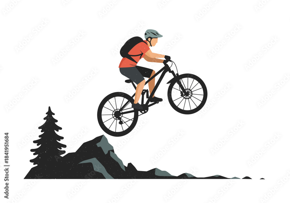 Obraz premium Mountain Biker Jumping Off Rock in Wilderness.
