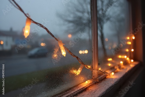 Cozy Winter Window with Warm Lights and Foggy Atmosphere