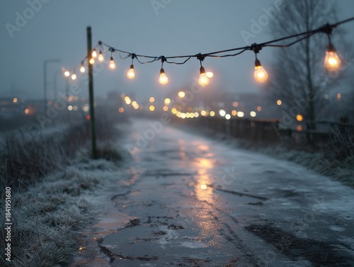 Warm Glowing Lights on a Foggy Winter Evening Road