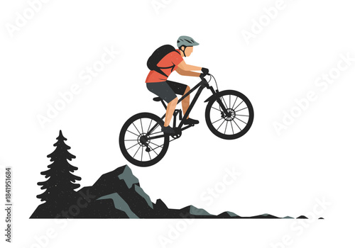 Mountain Biker Jumping Off Rock in Wilderness.