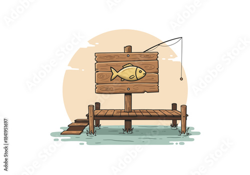 Fishing Pier with Sign and Fishing Rod Illustration.